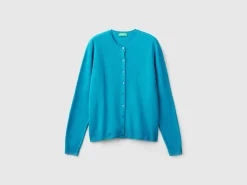 Turquoise crew neck cardigan in pure Merino wool