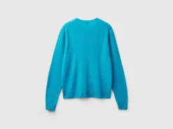 Turquoise crew neck cardigan in pure Merino wool