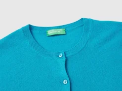 Turquoise crew neck cardigan in pure Merino wool