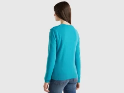 Turquoise crew neck sweater in pure Merino wool