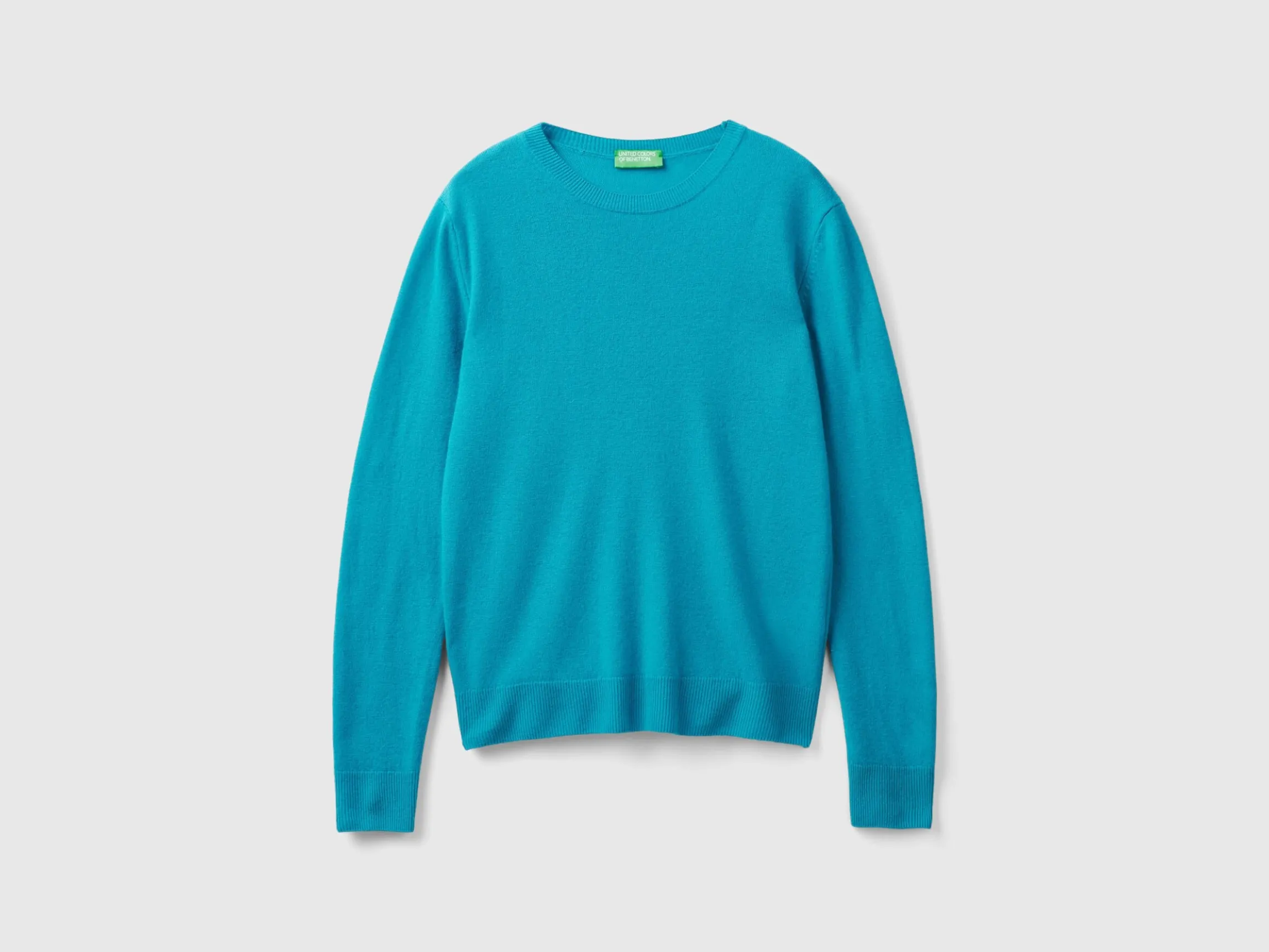 Turquoise crew neck sweater in pure Merino wool