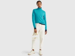 Turquoise turtleneck sweater in pure Merino wool