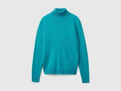 Turquoise turtleneck sweater in pure Merino wool
