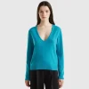 Turquoise V-neck sweater in pure Merino wool